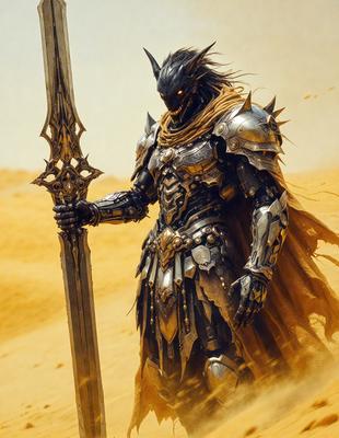 The primary subject of the image is a man dressed in a metal suit, holding a sword. The setting is a desert environment, with sand visible in the background. The visual style appears to be a combination of digital art and illustration, creating a detailed and intricate scene. The colors in the image are predominantly earth tones, giving the scene a warm and natural atmosphere.